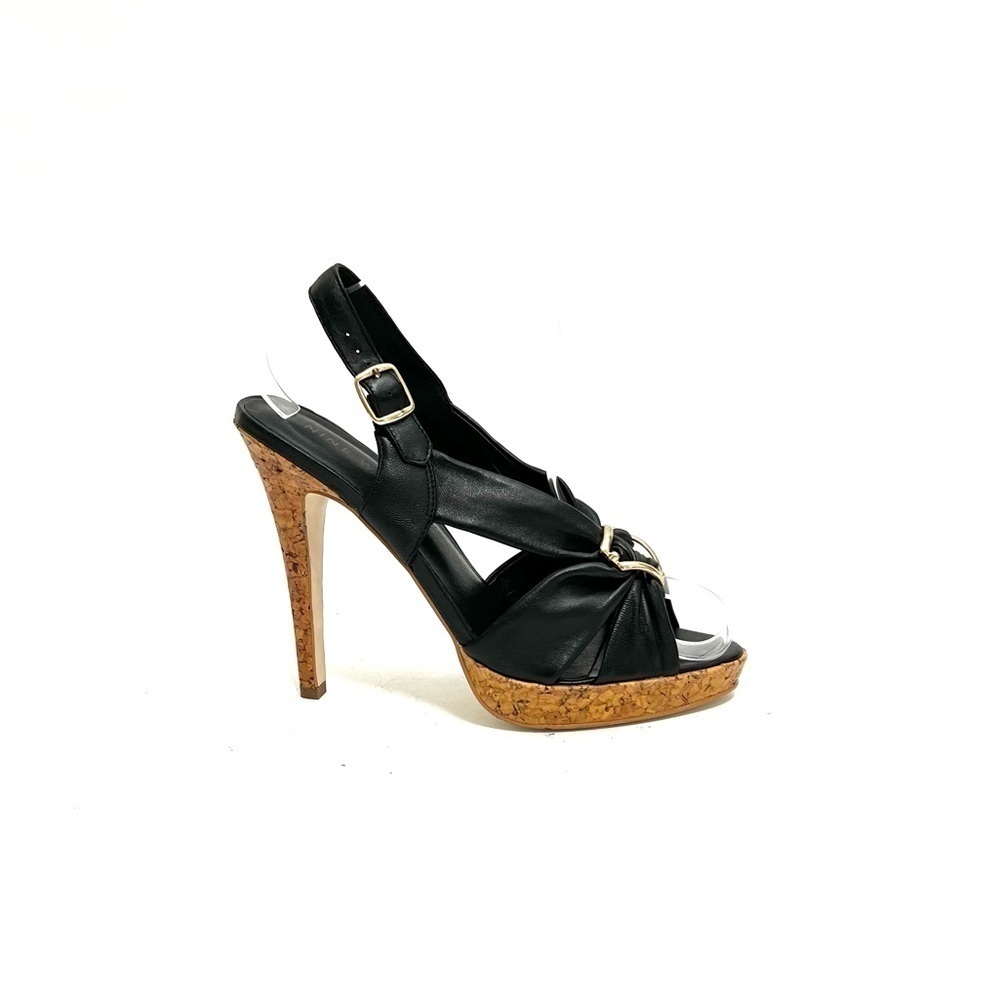 Vintage Y2K black leather gathered strap slingback platform cork heels